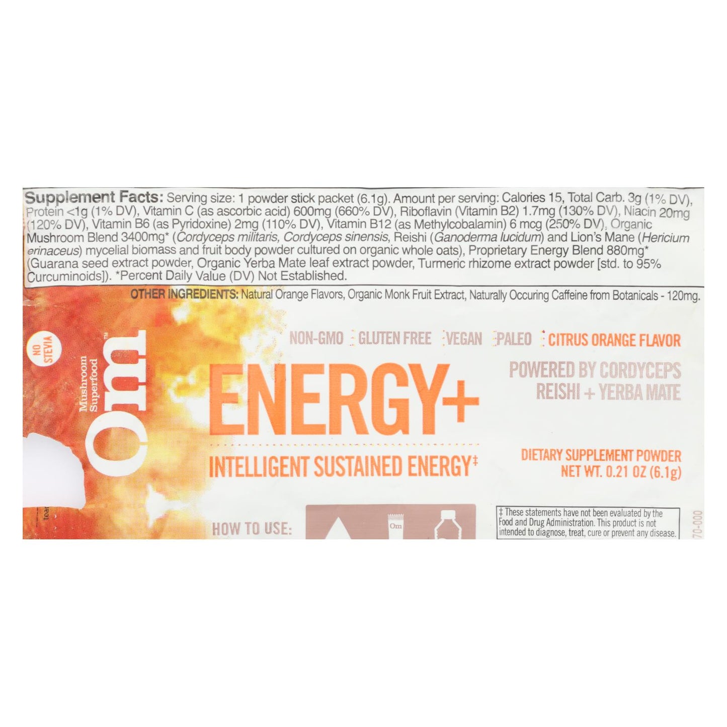 Om Organic Mushroom Nutrition Energy Citrus Orange Dietary Supplement Powder  - Case Of 10 - .21 Oz