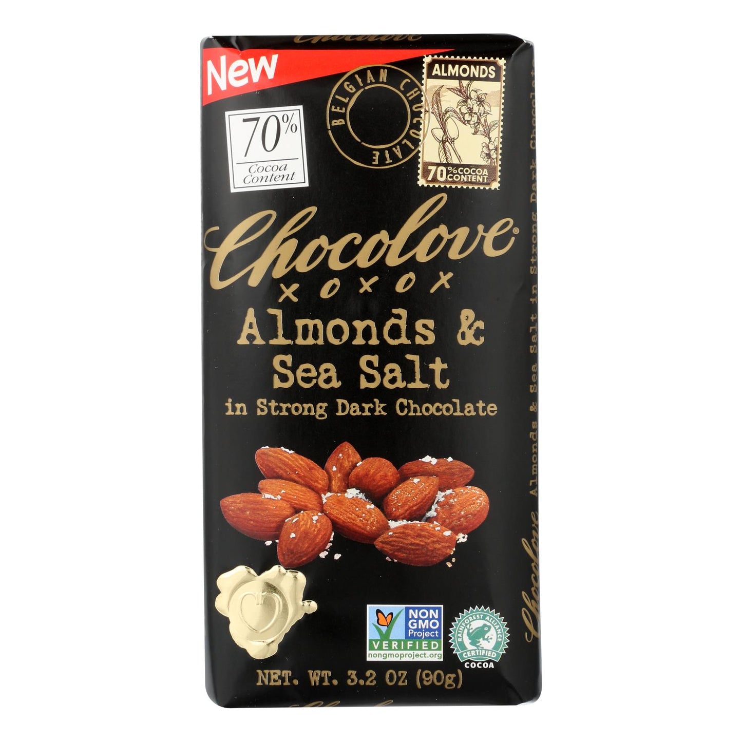 Chocolove Xoxox - Bar - Almond - Sea Salt - 70% Dark Chocolate - Case Of 12 - 3.2 Oz