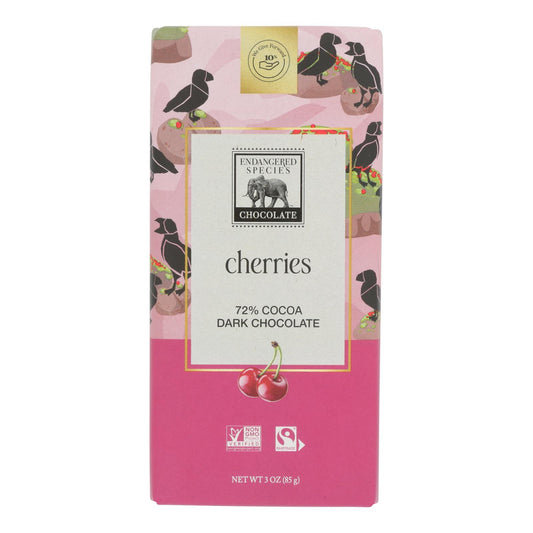 Endangered Species Natural Chocolate Bars - Dark Chocolate - 72 Percent Cocoa - Cherries - 3 Oz Bars - Case Of 12