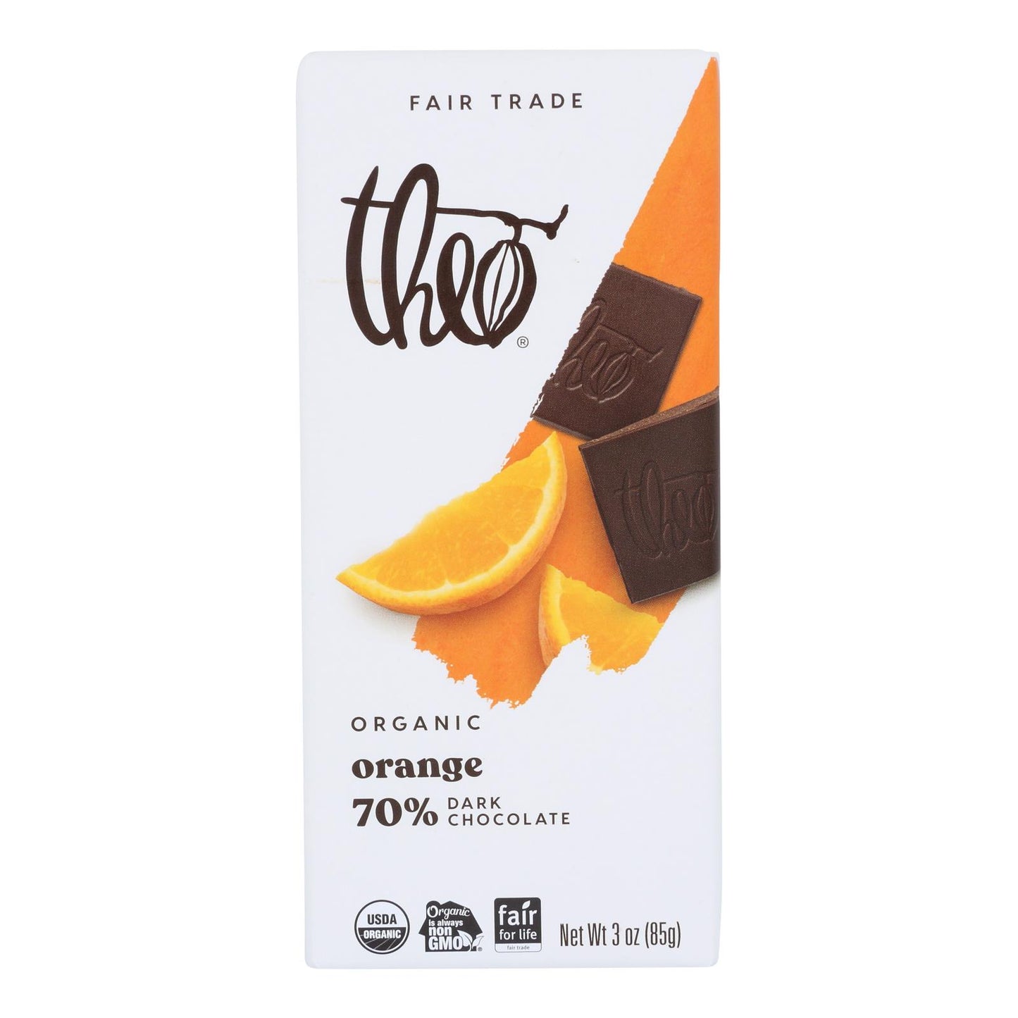 Theo Chocolate Organic Chocolate Bar - Classic - Dark Chocolate - 70 Percent Cacao - Orange - 3 Oz Bars - Case Of 12