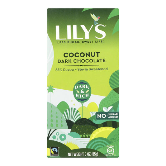 Lily's Sweets Chocolate Bar - Dark Chocolate - 55 Percent Cocoa - Coconut - 3 Oz Bars - Case Of 12