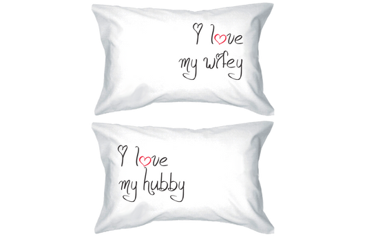 I Love My Hubby and Wifey Standard Size 21 x 30 Matching Couple Pillowcases